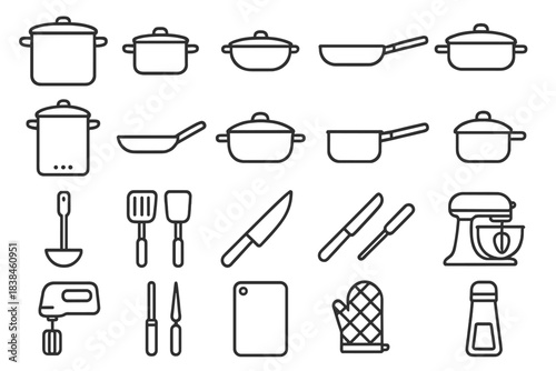 Different kitchen tools and equipment arranged in a neat pattern on a plain background highlighting their design and function