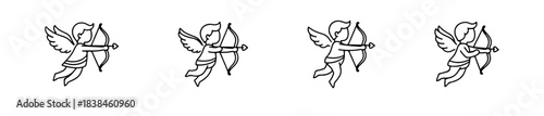 Set of four linear cupid icons. Vector illustrations of flying angels shooting arrows with hearts, perfect for romantic Valentine's Day designs.
