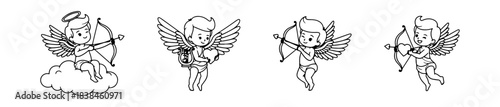 Set of four linear cupid icons. Vector illustrations of flying angels shooting arrows with hearts, perfect for romantic Valentine's Day designs.