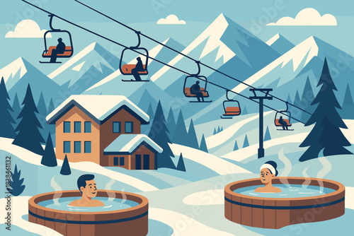 People enjoy hot tubs at a ski resort with mountains and ski lifts in winter