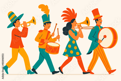 Colorful group of musicians play instruments during a festive parade on a sunny day in a lively street scene