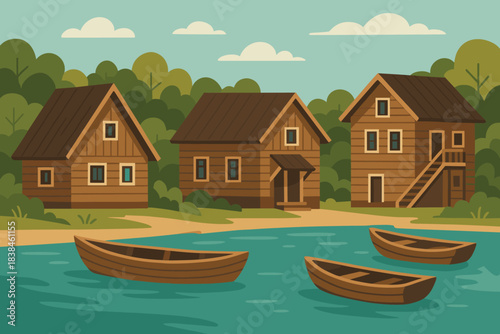 Wooden houses near water with boats and trees during the day in a rural setting