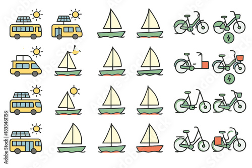 Different modes of transport displayed in a playful style with boats, bicycles, and vans under a sunny sky representing outdoor activities