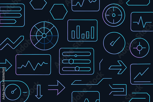 Digital shapes and symbols on a dark background showing various data and analysis features in a lively pattern