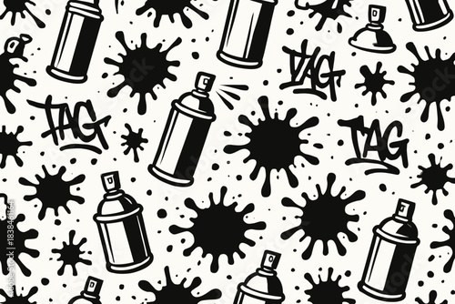 Background pattern with spray paint cans and black paint splatters in a simple design