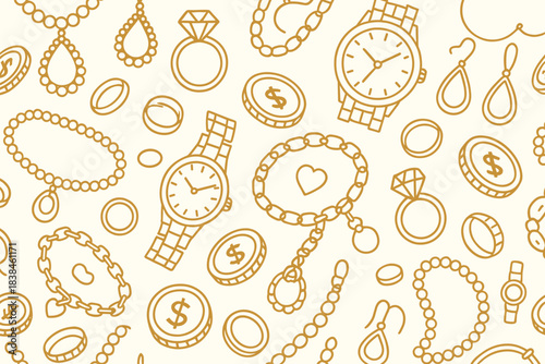 Pattern of jewelry and accessories including watches, rings, and necklaces on a simple background