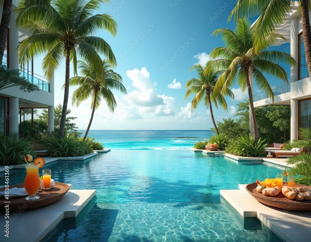 Fototapeta premium Luxury resort infinity pool overlooking ocean. Tropical palm trees surround serene blue water. Refreshing drinks rest on trays near pool edge, offering ultimate relaxation and vacation vibes.