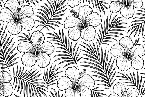 Black and white floral pattern featuring hibiscus flowers and palm leaves in a repetitive design on a plain background