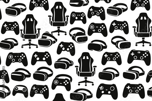 Pattern of gaming chairs and controllers on a white background depicting various gaming equipment and accessories