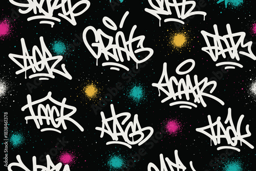 Colorful graffiti designs on black background with spray paint effect showcasing various styles and tags