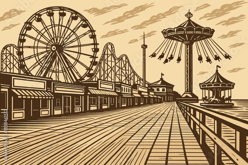 View of amusement park rides along the boardwalk during sunset with a ferris wheel and carousel in the background