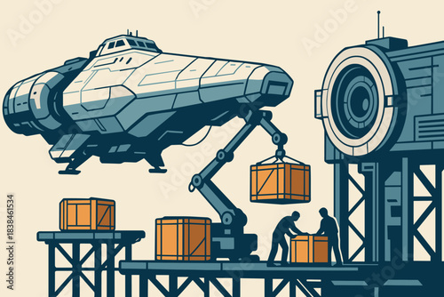 Spaceship unloads cargo at a delivery station during day time with workers handling boxes