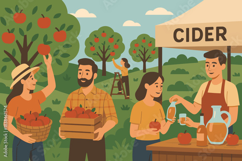 People picking apples and selling cider at a farm during the day in a rural area
