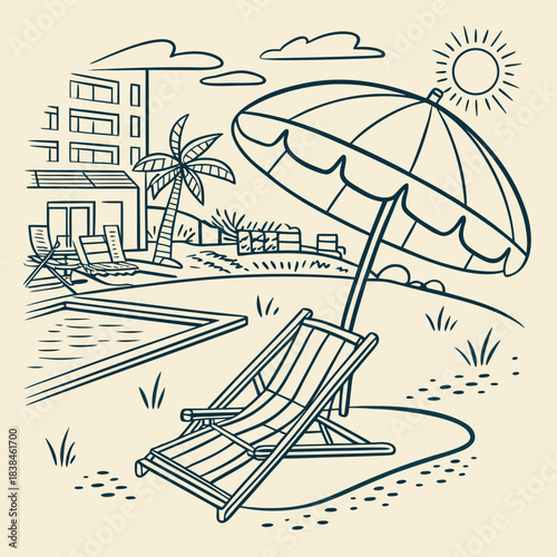 Hand drawn beach shears with umbrella. Doodle vector vintage sunbed illustration. Pool, hotel resort, lounge outdoor furniture. Sun shadow seat with parasol. Sea vacation design element