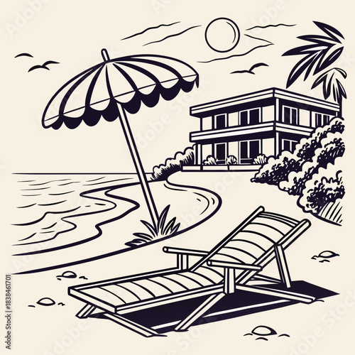 Hand drawn beach shears with umbrella. Doodle vector vintage sunbed illustration. Pool, hotel resort, lounge outdoor furniture. Sun shadow seat with parasol. Sea vacation design element