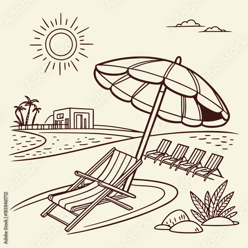Hand drawn beach shears with umbrella. Doodle vector vintage sunbed illustration. Pool, hotel resort, lounge outdoor furniture. Sun shadow seat with parasol. Sea vacation design element