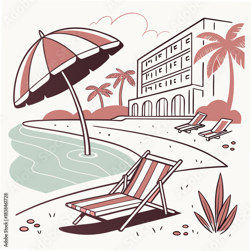 Hand drawn beach shears with umbrella. Doodle vector vintage sunbed illustration. Pool, hotel resort, lounge outdoor furniture. Sun shadow seat with parasol. Sea vacation design element