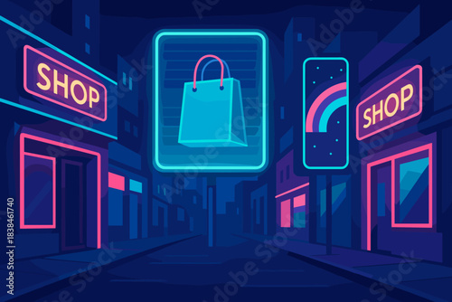 Night scene in a shopping district with neon lights and empty streets showcasing storefronts and signage