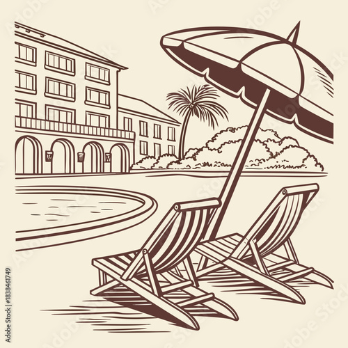 Hand drawn beach shears with umbrella. Doodle vector vintage sunbed illustration. Pool, hotel resort, lounge outdoor furniture. Sun shadow seat with parasol. Sea vacation design element