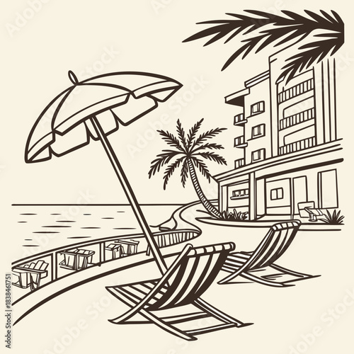 Hand drawn beach shears with umbrella. Doodle vector vintage sunbed illustration. Pool, hotel resort, lounge outdoor furniture. Sun shadow seat with parasol. Sea vacation design element