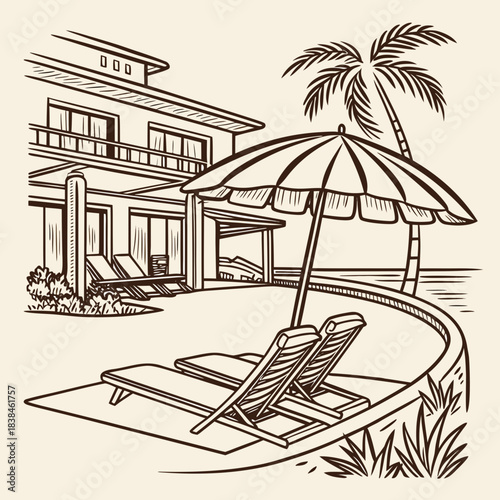 Hand drawn beach shears with umbrella. Doodle vector vintage sunbed illustration. Pool, hotel resort, lounge outdoor furniture. Sun shadow seat with parasol. Sea vacation design element