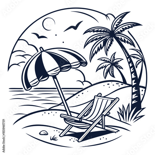 Hand drawn beach shears with umbrella. Doodle vector vintage sunbed illustration. Pool, hotel resort, lounge outdoor furniture. Sun shadow seat with parasol. Sea vacation design element