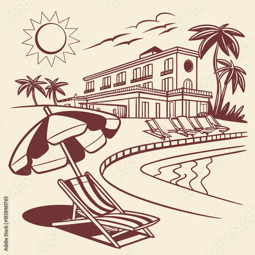 Hand drawn beach shears with umbrella. Doodle vector vintage sunbed illustration. Pool, hotel resort, lounge outdoor furniture. Sun shadow seat with parasol. Sea vacation design element