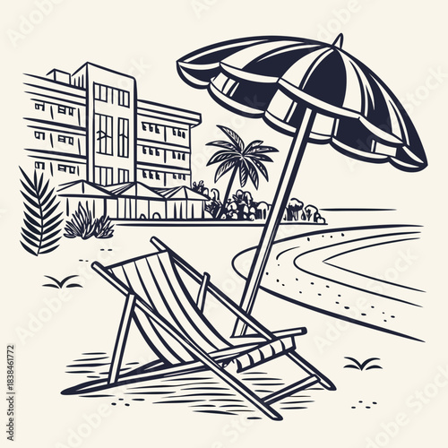 Hand drawn beach shears with umbrella. Doodle vector vintage sunbed illustration. Pool, hotel resort, lounge outdoor furniture. Sun shadow seat with parasol. Sea vacation design element