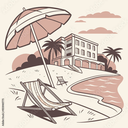 Hand drawn beach shears with umbrella. Doodle vector vintage sunbed illustration. Pool, hotel resort, lounge outdoor furniture. Sun shadow seat with parasol. Sea vacation design element