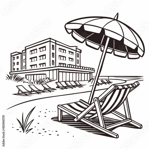 Hand drawn beach shears with umbrella. Doodle vector vintage sunbed illustration. Pool, hotel resort, lounge outdoor furniture. Sun shadow seat with parasol. Sea vacation design element