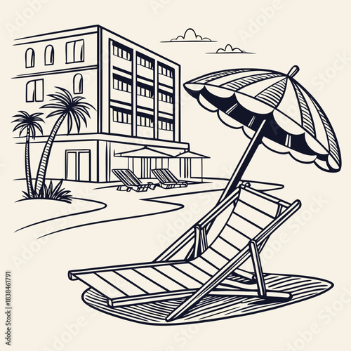Hand drawn beach shears with umbrella. Doodle vector vintage sunbed illustration. Pool, hotel resort, lounge outdoor furniture. Sun shadow seat with parasol. Sea vacation design element