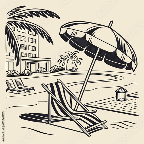 Hand drawn beach shears with umbrella. Doodle vector vintage sunbed illustration. Pool, hotel resort, lounge outdoor furniture. Sun shadow seat with parasol. Sea vacation design element
