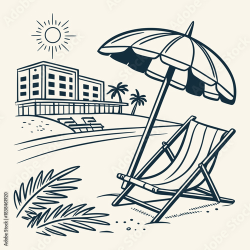 Hand drawn beach shears with umbrella. Doodle vector vintage sunbed illustration. Pool, hotel resort, lounge outdoor furniture. Sun shadow seat with parasol. Sea vacation design element