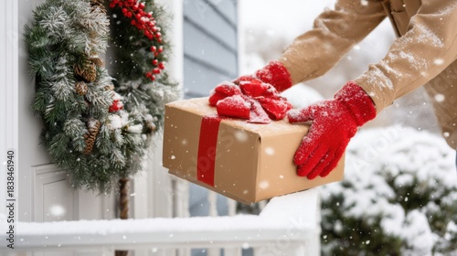 Gloved hands place a parcel on a snowy porch with a wreath as snow falls on a cozy holiday scene
