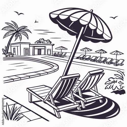 Hand drawn beach shears with umbrella. Doodle vector vintage sunbed illustration. Pool, hotel resort, lounge outdoor furniture. Sun shadow seat with parasol. Sea vacation design element