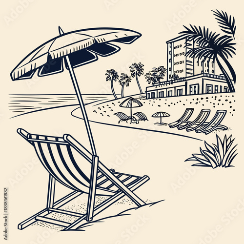 Hand drawn beach shears with umbrella. Doodle vector vintage sunbed illustration. Pool, hotel resort, lounge outdoor furniture. Sun shadow seat with parasol. Sea vacation design element