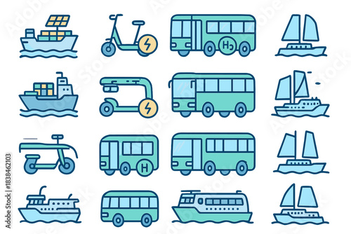 Different types of vehicles used for transport on land and water in a variety of styles and designs