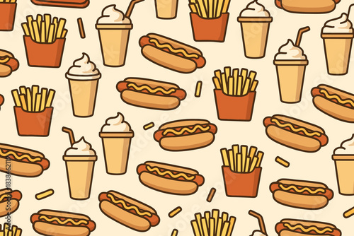 Food pattern with hot dogs, fries, and drinks on a light background