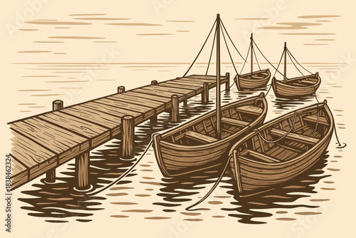 Boats tied to a dock at a quiet lake in the early morning light with soft water ripples and wooden planks