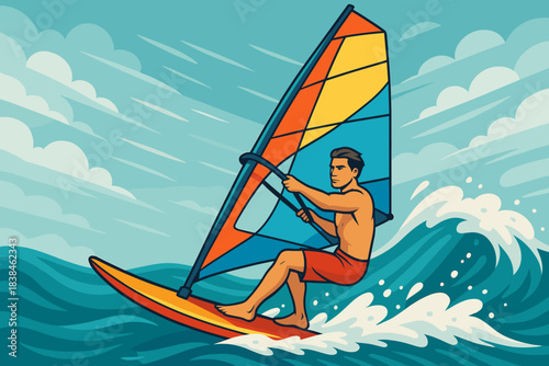 Windsurfer rides waves in bright colors on a sunny day near the shore