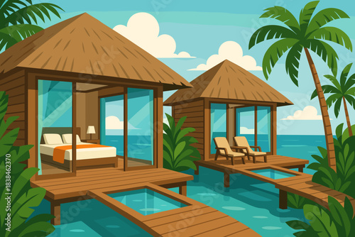 Luxury overwater bungalows with views of clear water and tropical palm trees on a sunny day