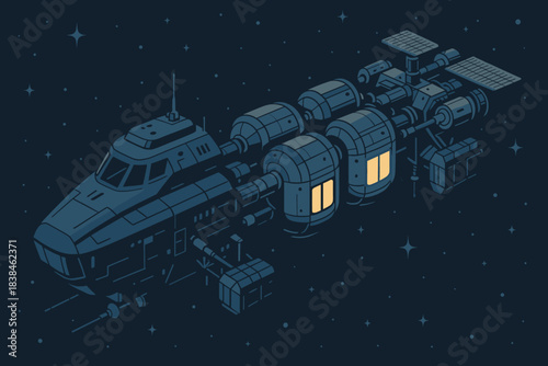 Science fiction spaceship travels through dark space with glowing windows and attached containers for cargo and supplies