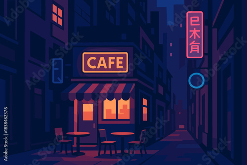 Night scene of a cafe with tables outside in a quiet city street surrounded by tall buildings and neon lights