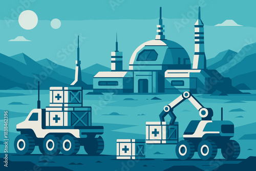 Robotic vehicles transport supplies to a space station on an alien landscape at sunset