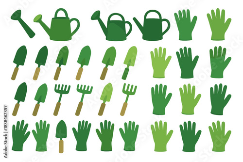 Garden tools and accessories displayed in green colors with different shapes and sizes for planting and gardening tasks