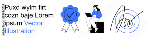 Identity verification, cybersecurity, digital signatures, online authentication, remote work, secure communication. A badge with a checkmark, a signature and a person using a laptop. Identity