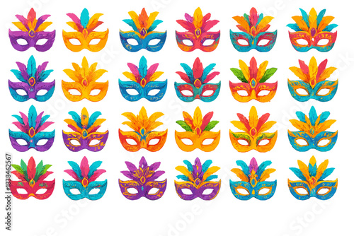 Colorful masks arranged in a grid for a festive occasion or celebration with vibrant designs and patterns