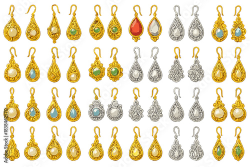 Collection of earrings displayed on a surface in various designs and colors