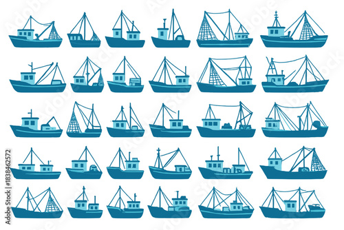 Many fishing boats in various designs showing nets and equipment for catching fish