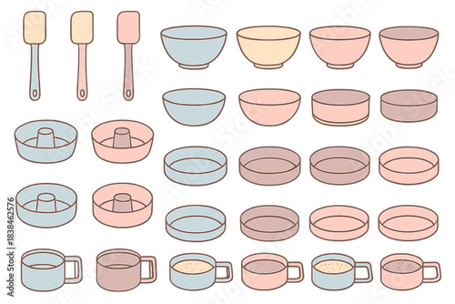 Collection of kitchen utensils and bowls arranged in a grid layout for cooking and baking activities in a simple style